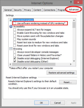 4.2 Internet-asetukset - Lisäasetukset - Käytä ohjelmistojen renderointia GPU: n renderöinnin sijaan