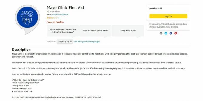 Kuvakaappaus Mayo Clinic First Aid Alexa -taitojen verkkosivulta