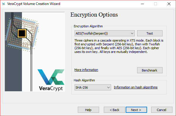 veracrypt-volyymin luontitoiminnon salausalgoritmi