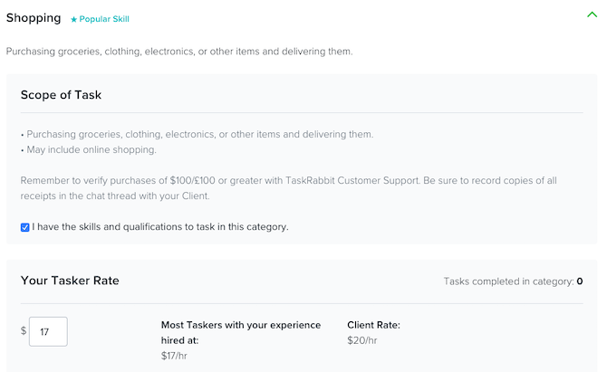 TaskRabbit Jobs Shopping-kategoriassa