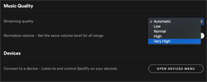 Spotify-asetukset osoittavat erittäin korkeaa musiikin laatua