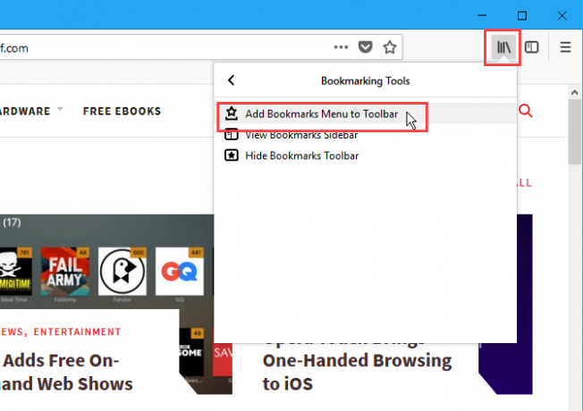 Lisää kirjanmerkkivalikko Firefoxin työkalupalkkiin