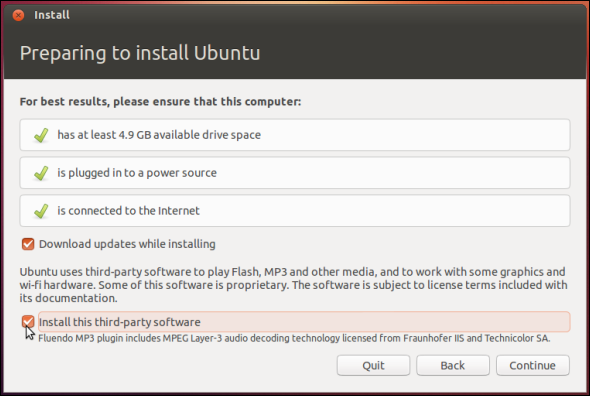 Jos Linuxista tehdään aito Windows-korjaus, asenna kolmannen osapuolen ohjelmisto ubuntua asennettaessa
