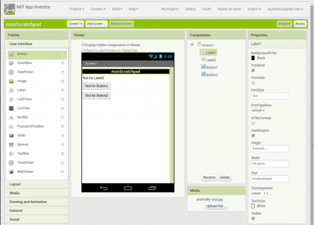 Android luo sovellus appinventor screen1 labelconfig