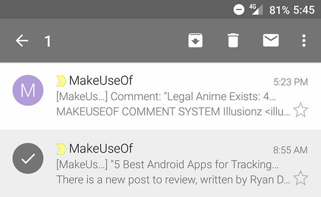 Android Gmail Valitse useita viestejä