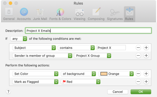 Väriprojekti sähköpostitse Mac Mail -sääntö