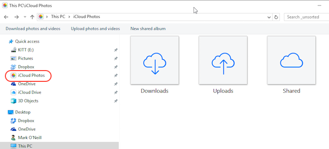 iCloud-ohjauspaneelin valokuvat Windows File Explorer -kuvakaappauksessa