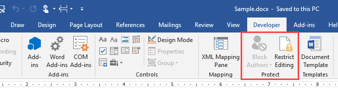 Suojaa Microsoft Word -kehittäjän välilehden osa