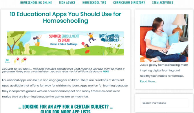 Techie-kotikoulun äidillä on helppo selata kotioppimiskurssien hakemistoa ja opetussuunnitelmaa