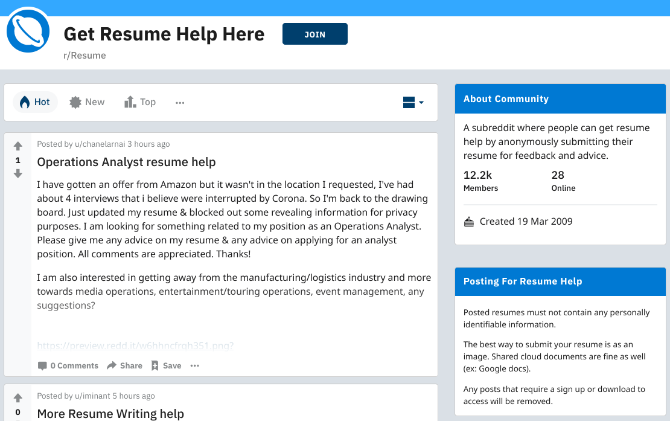 Redditin r / Resume on ihmisten yhteisö, joka auttaa sinua luomaan vaikuttavan CV: n 