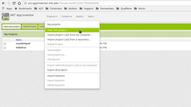 Android luo sovellus appinventor uusi projekti