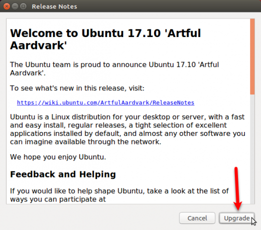 Vapauta Muistiinpanot-valintaikkuna päivitettäessä Ubuntu 17.10: ksi