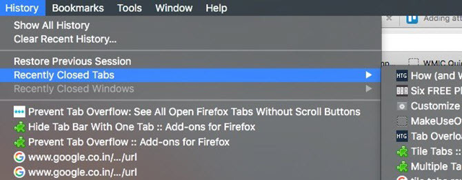 firefox äskettäin suljetut välilehdet