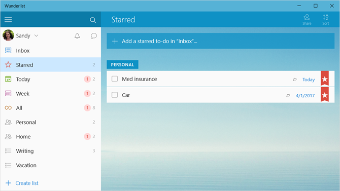 Wunderlist Windows -sovellus