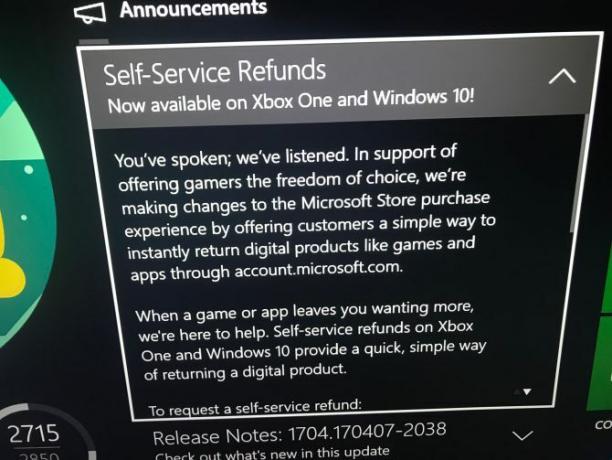 Microsoft julkistaa höyrymäisen hyvitysjärjestelmän Xbox One -palvelun Microsoft Service Refund Digital Download -sovellukselle