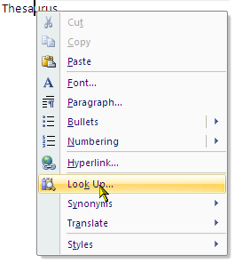 Microsoft Word 2007 3: n tutkimusominaisuuden hyödyntäminen hiiren oikealla painikkeella