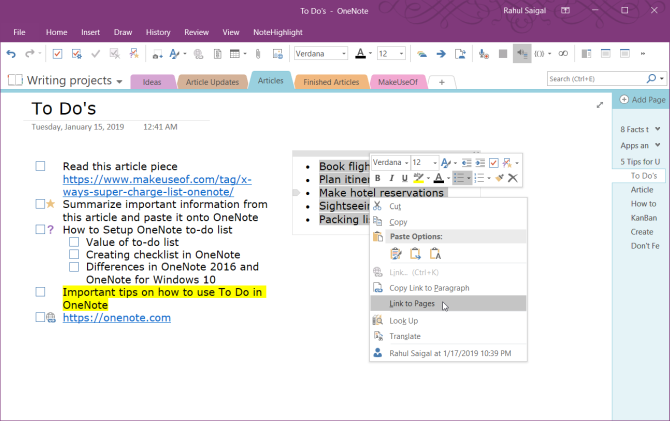 linkki OneNote 2016 -sivun sivuille