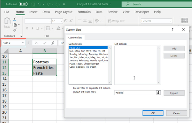 Excel mukautettu luettelo Tuo nimetyt solut