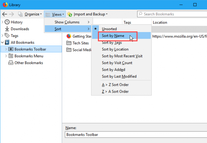 Lajittele kirjanmerkit nimen mukaan Firefoxin Kirjasto-valintaikkunassa