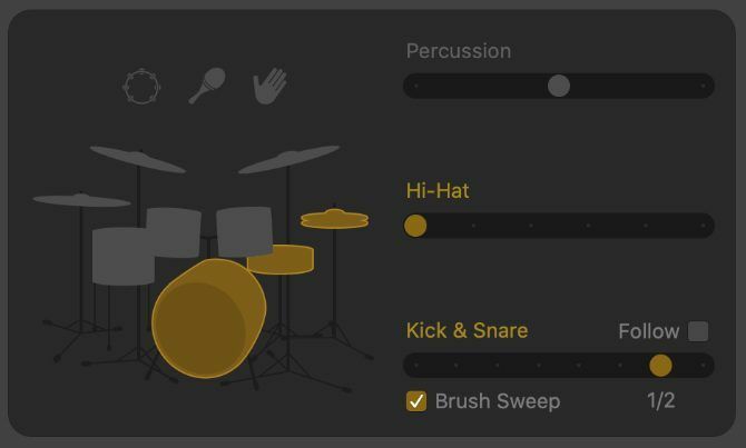 Kick & Snare -kuvion variaatio, joka näyttää puoliajan ja Brush Sweep -vaihtoehdot