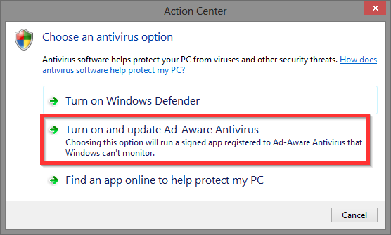 10 Windows Action Center - Valitse virustorjuntavaihtoehto