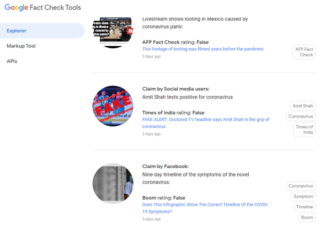 Googlen faktantarkistustyökalut koronavirus